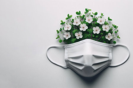 A medical mask from under which flowers grow. Space for textの素材