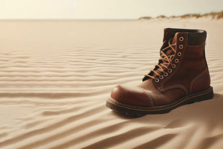 A boot on a sand dune. Space for textの素材