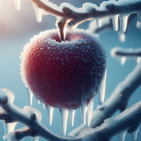 A frozen apple on a branchの素材