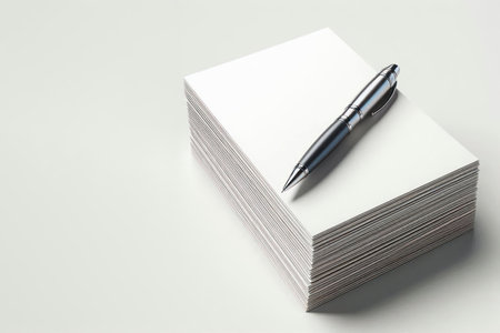 A stack of paper and a pen on a light background. Space for textの素材