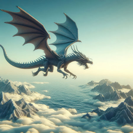 A dragon flying over the cloudy peaks of the mountainsの素材
