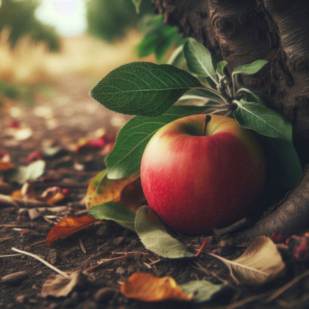 An apple lying under a treeの素材