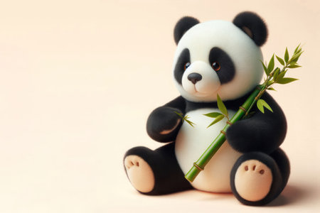 Teddy panda bear holding bamboo. Space for textの素材