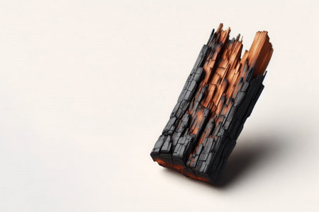A burnt piece of wood on a light background. Space for textの素材