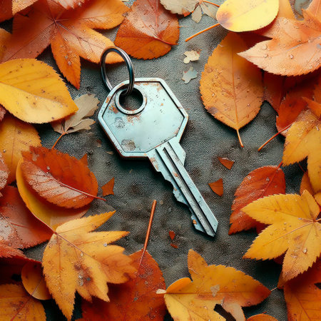 A key lying among fallen autumn leavesの素材