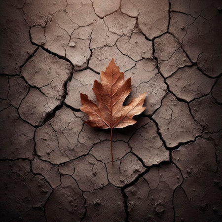 A single, maple, dry leaf lying on cracked groundの素材
