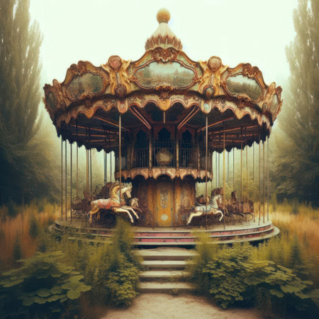 An abandoned carousel in an overgrown parkの素材