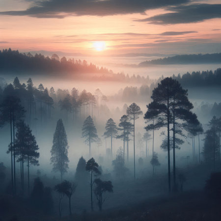 A misty forest at dawnの素材