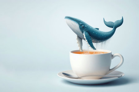 A whale jumping out of a cup of hot tea. Space for textの素材