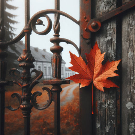 Autumn leaf on the wrought iron gate of an old houseの素材