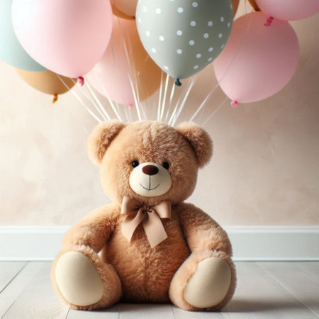 A toy bear against the background of festive balloonsの素材