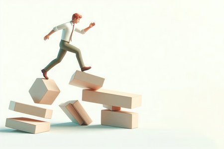 A person walks on unstable blocks. Space for textの素材