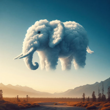 An elephant from the clouds in the sky. Space for textの素材