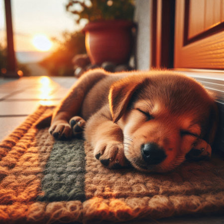 Puppy sleeping under the door at dawnの素材