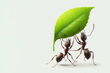 Ants carry a leaf. Space for textの素材