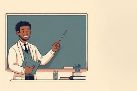 Teacher at the blackboard with a pointer in his hand. Space for textの素材