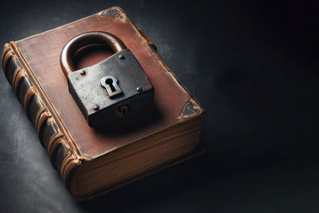 A padlock lying on an old book. Space for textの素材
