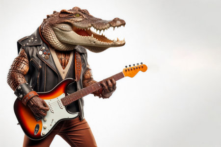 A crocodile in a leather jacket with an electric guitar. Space for textの素材