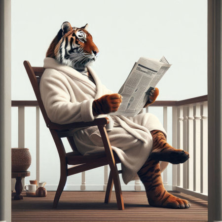 A tiger in a bathrobe reads a newspaper on the verandaの素材