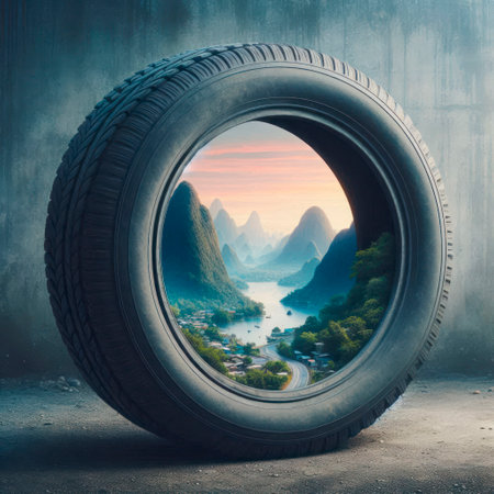 Landscape of mountains and rivers inside a car tireの素材