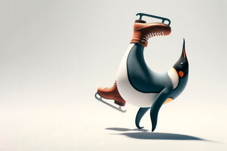 A penguin on skates performing an acrobatic trick. Space for textの素材