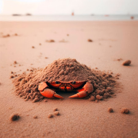 A crab hiding under the sand on the beachの素材
