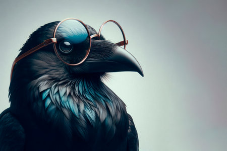 A raven with glasses looks into the distance. Space for textの素材