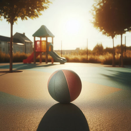 A children's ball on the playground at sunsetの素材