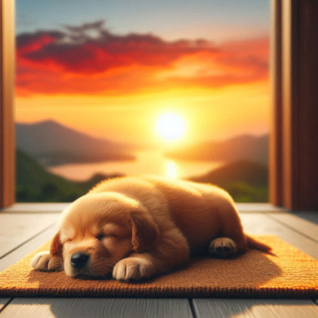 The puppy sleeps against the background of the sunsetの素材