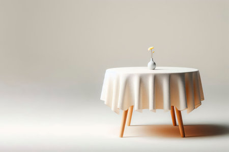 A small flower in a vase on a round table covered with a tablecloth. Space for textの素材