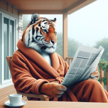 A tiger in a bathrobe reads the morning newspaper on the terraceの素材