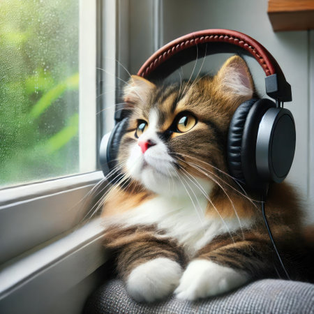 Cat with headphones by the window on a rainy dayの素材