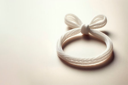 A white cord tied in the form of a bow on a light background. Space for textの素材
