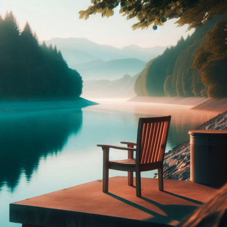 A lonely chair on the riverbank overlooking the forest and mountainsの素材