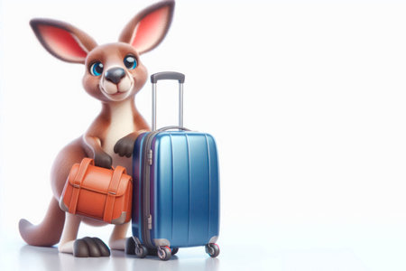 Kangaroo with suitcases preparing for the journey. Space for textの素材