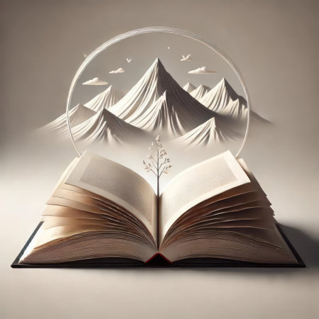 An open book with a small tree against the background of mountainsの素材