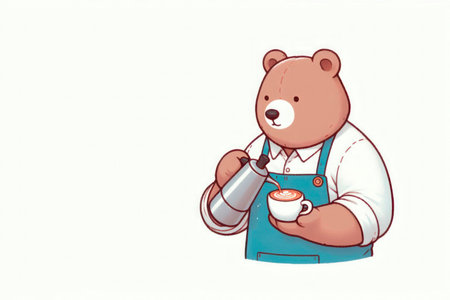 A bear barista makes a latte. Space for textの素材