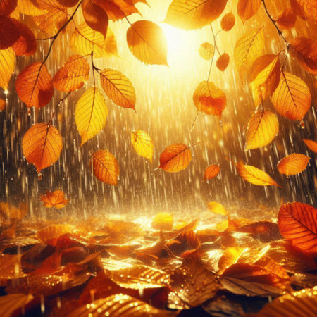 Autumn leaves falling under the rays of the sun during the rainの素材