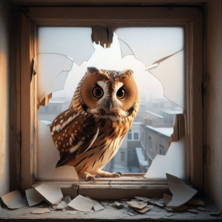 An owl sits in the broken window of an abandoned houseの素材