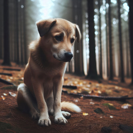 A sad puppy in the forest. Space for textの素材