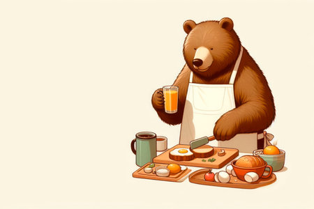 A bear in an apron prepares breakfast in the kitchen. Space for textの素材