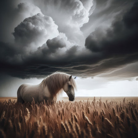 The horse stands in the field, anticipating an approaching stormの素材