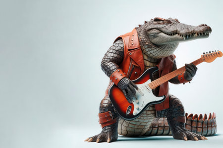 A crocodile in a leather jacket plays the guitar. Space for textの素材