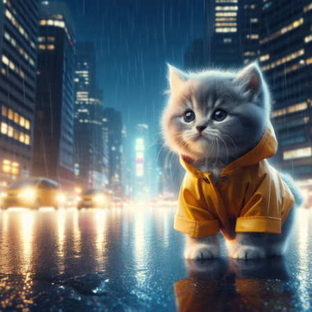 A lonely kitten in a raincoat against the background of a rainy cityの素材