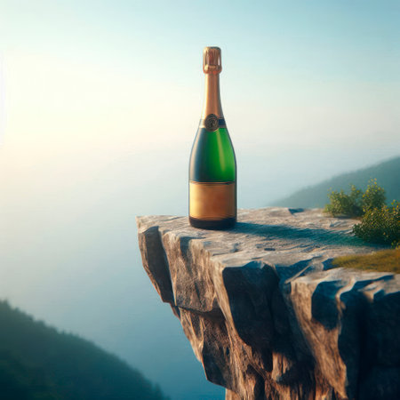 A bottle of champagne on the edge of a cliffの素材