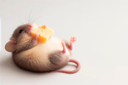 A fat mouse lies on its back with cheese. Space for textの素材
