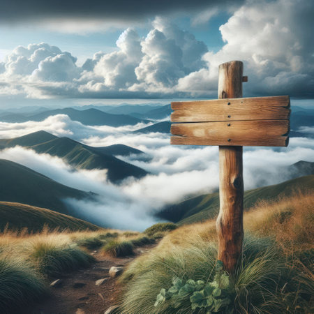 Wooden sign against the background of mountains and cloudsの素材