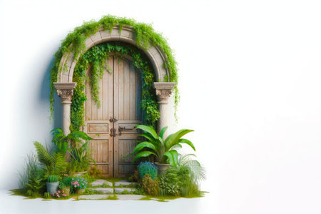 A door overgrown with greenery. Space for textの素材