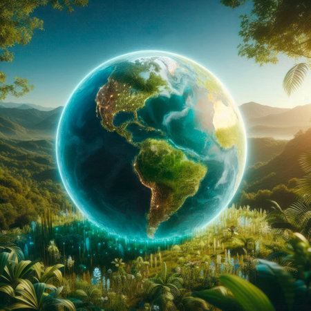 Planet Earth against the background of a rainforestの素材