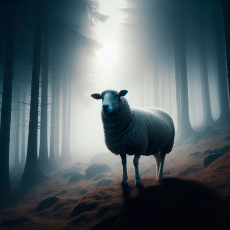A sheep standing in the mist of the forest against the background of the evening lightの素材